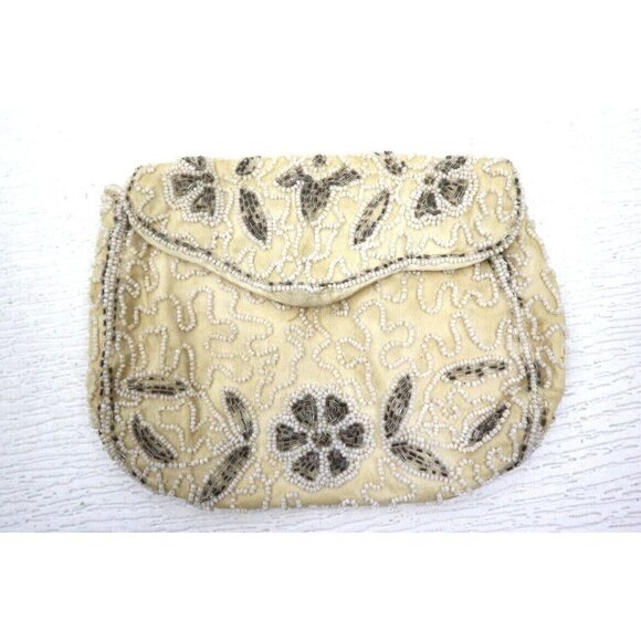 VINTAGE IVORY WHITE FULLY BEADED CLUTCH PURSE EVENING BAG - WALBORG - Picture 1 of 9